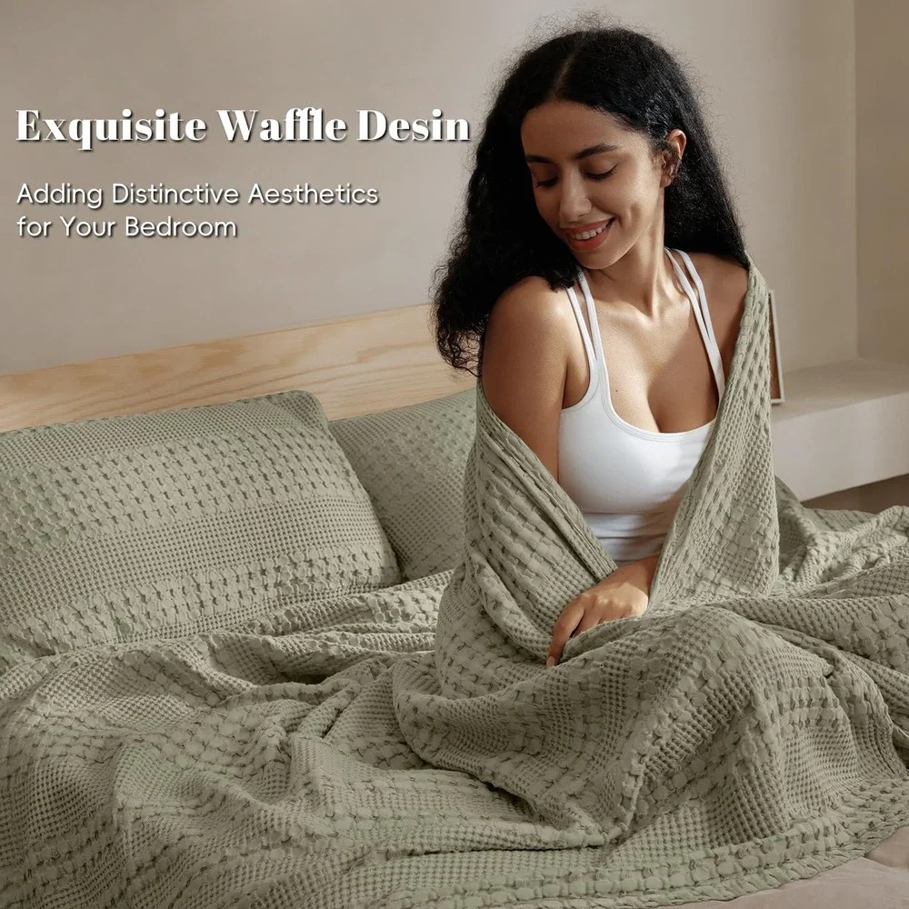 PHF Waffle Blanket Queen Dusty Sage 100% Cotton Textured Lightweight Soft New